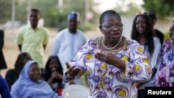 Dr. Oby Ezekwesili expresses support about the rescue of some women and girls from Sambisa forest while a Nigerian protest group continues their sit-in about the girls that are still missing from Chibok, in Abuja, Nigeria, April 29, 2015. 