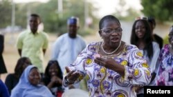 Dr. Oby Ezekwesili expresses support about the rescue of some women and girls from Sambisa forest while a Nigerian protest group continues their sit-in about the girls that are still missing from Chibok, in Abuja, Nigeria, April 29, 2015. 