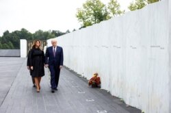 U.S. President Donald Trump and first lady Melania Trump depart after they placed a wreath at the Flight 93 National Memorial in Stoystown, Pennsylvania, Sept. 11, 2020.