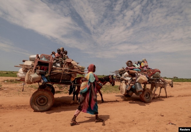 FILE - A Sudanese woman who fled the conflict in Sudan's Darfur region walks beside carts carrying her family belongings upon crossing the border between Sudan and Chad in Adre, Chad, on Aug. 2, 2023.