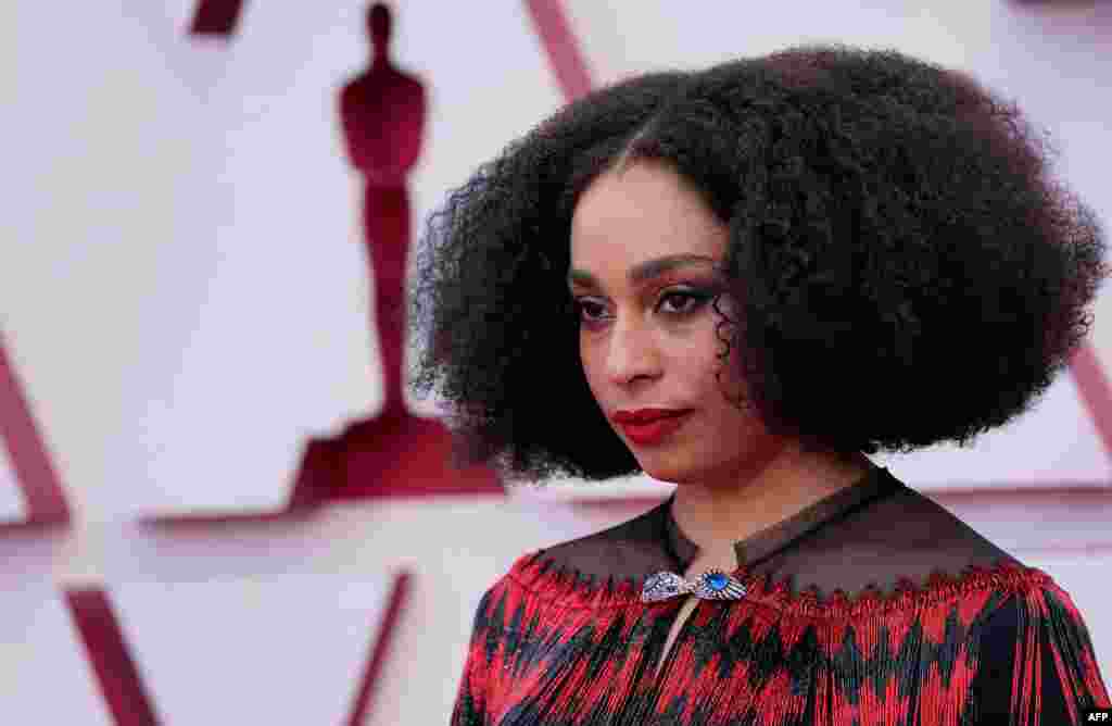 British singer-songwriter Celeste Waite, Oscar nominated for Original Song for &quot;Hear My Voice&quot; arrives at the Oscars on April 25, 2021, at Union Station in Los Angeles. (Photo by Chris Pizzello / POOL / AFP)