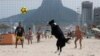 The border collie named Floki plays footvolley — a combination of soccer and volleyball — on Leblon beach in Rio de Janeiro, Sept. 8, 2024.