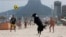 The border collie named Floki plays footvolley — a combination of soccer and volleyball — on Leblon beach in Rio de Janeiro, Sept. 8, 2024.