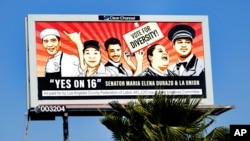 This Oct. 30, 2020, photo shows a billboard ad for the 2020 California Proposition 16 - End Diversity Ban, in Inglewood, Calif. California voters defeated Proposition 16.