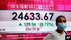 A woman wearing a face mask stands by a bank's electronic board showing the Hong Kong share index at Hong Kong Stock Exchange, Aug. 4, 2020. 