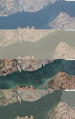 지난 2017년 3월 이후 최근 까지 북한 남포항 일대를 촬영한 위성사진을 비교하면 항구 주변에 정박한 선박이 부쩍 늘어난 것을 알 수 있다. 사진 제공: Planet Labs.