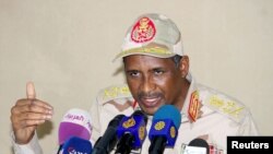 FILE PHOTO: Lieutenant General Mohamed Hamdan Dagalo, deputy head of the military council and head of the RSF, addresses a news conference in Juba