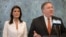 U. S. Secretary of State Mike Pompeo, with U.S. Ambassador to the United Nations Nikki Haley, speaks to reporters at U.N. headquarters, July 20, 2018.