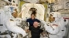 En la foto facilitada por la NASA, los astronautas del lanzamiento de prueba de Boeing, Suni Williams y Butch Wilmore (centro) posa con los ingenieros de vuelo de la expedición 71, Mike Barratt (izq.) y Tracy Dyson, en la Estación Espacial Internacional, el 24 de junio de 2024. 