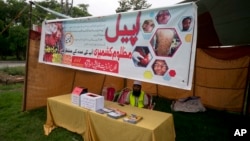 FILE - A worker sits in stall set up by the charity, Falah-e-Insaniat Foundation, waiting for donations for Indian Kashmiris, in Islamabad, Pakistan, Aug. 2, 2016. The group has been put on a government watchlist to curb terrorism financing. 