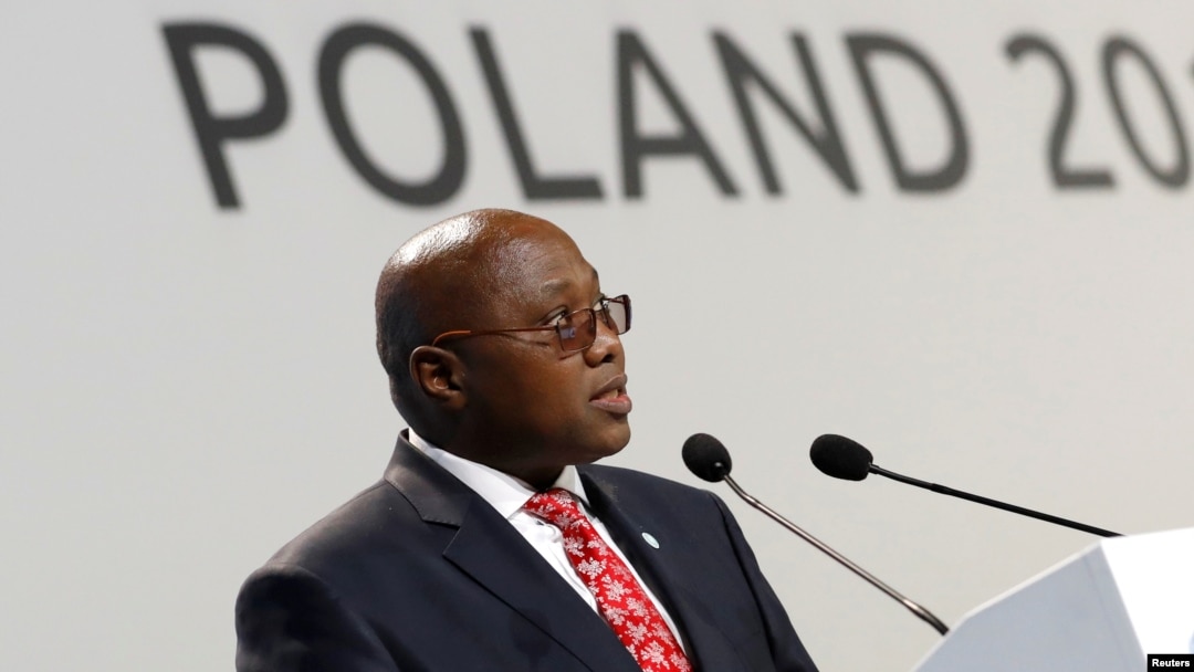 FILE - Prime Minister of Eswatini Ambrose Dlamini speaks during the COP24 U.N. Climate Change Conference 2018 in Katowice, Poland, Dec. 3, 2018. 