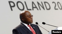 FILE - Prime Minister of Eswatini Ambrose Dlamini speaks during the COP24 U.N. Climate Change Conference 2018 in Katowice, Poland, Dec. 3, 2018. 