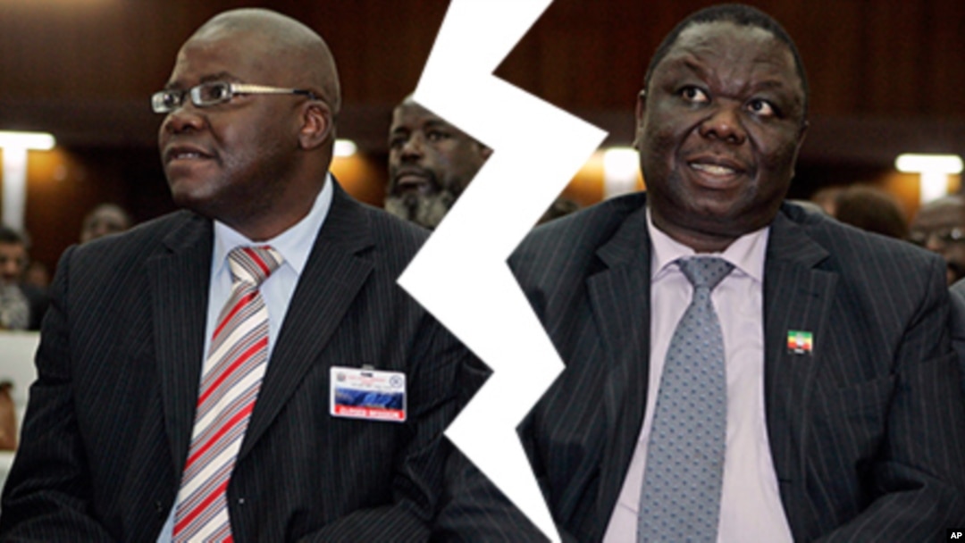 Warring Movement for Democratic Change (MDC-T) faction leaders, Tendai Biti and Morgan Tsvangirai. (AP Photos/Collage by Ntungamili Nkomo)