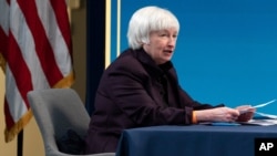 La secrétaire au Trésor Janet Yellen lors d'une table ronde virtuelle avec des participants des chambres de commerce noires à travers le pays pour discuter du plan de sauvetage américain, le 5 février 2021.