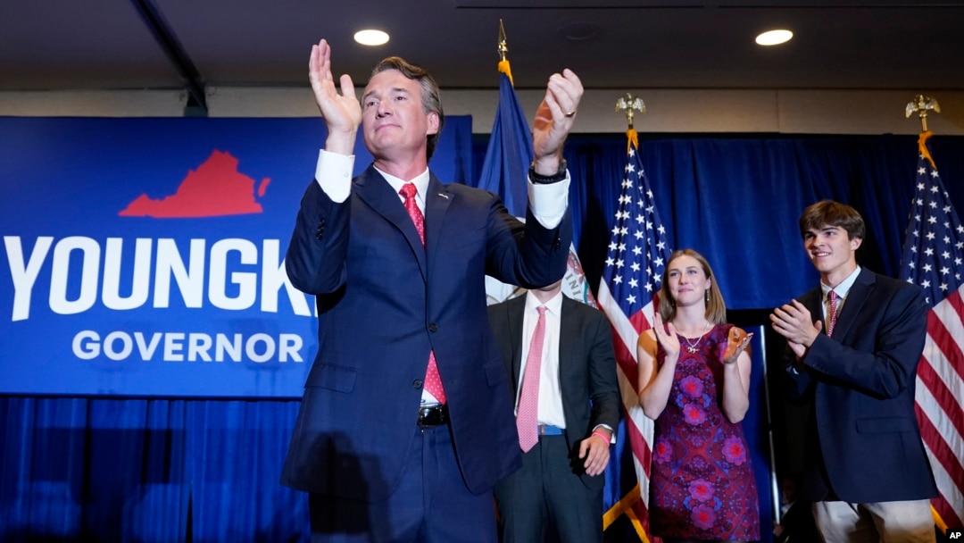 Virginia Governor-elect Glenn Youngkin arrives to speak at an election night party in Chantilly, Virginia, early Nov. 3, 2021, after defeating Democrat Terry McAuliffe.