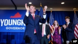 Virginia Governor-elect Glenn Youngkin arrives to speak at an election night party in Chantilly, Virginia, early Nov. 3, 2021, after defeating Democrat Terry McAuliffe.