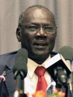 FILE - South Sudan Minister for Information and Broadcast Michael Makuei speaks at a news conference, January 5, 2014.