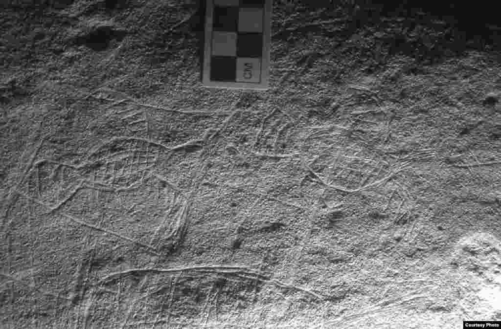 This image is part of the most extensive collection of prehistoric cave art found in the United States. It appears to be flying turkeys, approximately 900 AD, found in a Tennessee cave. (Photo Credit: Jan Simek, Alan Cressler, Nicholas Herrmann and Sarah Sherwood / Antiquity Publications LTD.)