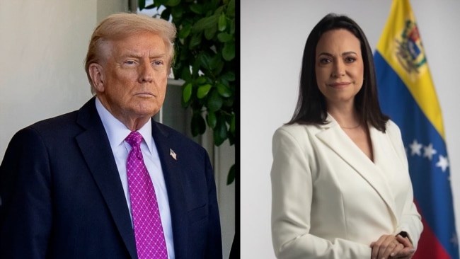资料照：左为美国总统唐纳德·特朗普，右为委内瑞拉反对派领袖、诺贝尔和平奖得主玛丽亚·科里娜·马查多(Maria Corina Machado)。