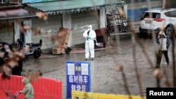 FILE - A worker in a protective suit is seen at the closed seafood market in Wuhan, Hubei province, China, January 10, 2020.