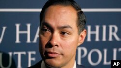 FILE - Julian Castro, former U.S. Secretary of Housing and Urban Development and candidate for the 2020 Democratic presidential nomination, speaks to the media at Saint Anselm College in Manchester, N.H., Jan. 16, 2019. 