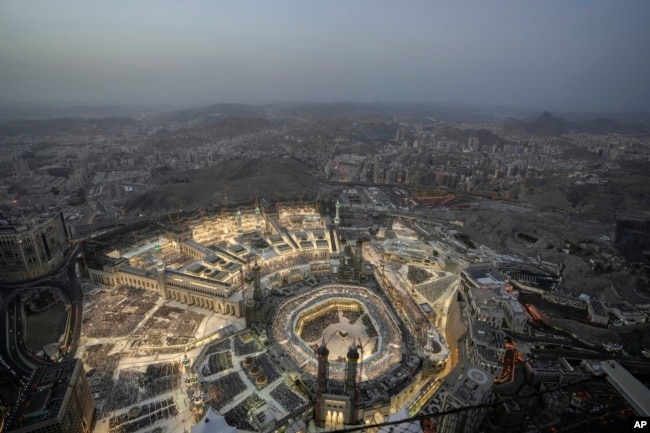 FILE - A general view of the Grand Mosque is seen from the Clock Tower during the Hajj pilgrimage in the Muslim holy city of Mecca, Saudi Arabia, on June 22, 2023. (AP Photo/Amr Nabil, File)