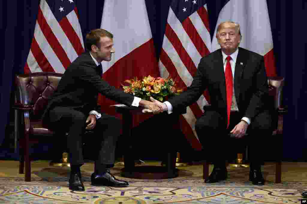 President Donald Trump meets with French President Emmanuel Macron at the Lotte New York Palace hotel during the United Nations General Assembly, in New York.