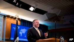 Secretary of State Mike Pompeo speaks at a news conference at the State Department in Washington, Nov. 18, 2019.