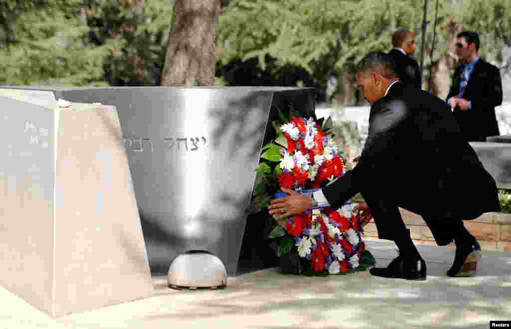 President Obama lays a wreath at the grave of former Israeli Prime Minister Yitzhak Rabin at Mt Herzl in Jerusalem March 22, 2013.
