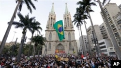 Protestors gather in front of the Metropolitan Cathedral in Sao Paulo, Brazil, June 18, 2013