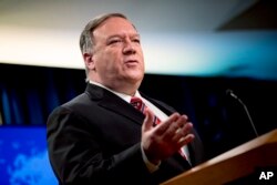 FILE - Secretary of State Mike Pompeo speaks at a news conference at the State Department in Washington, April 29, 2020.