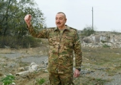 Azerbaijan's President Ilham Aliyev addresses the media as he visits Fuzuli and Jabrayil districts in the region of Nagorno-Karabakh, Nov. 16, 2020. (Official website of President of Azerbaijan/Handout via Reuters)