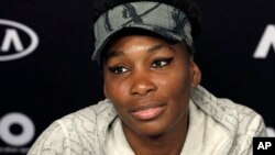 FILE - Venus Williams answers questions at a press conference, Jan. 28, 2017, following her loss to her sister, Serena, in the women's singles final at the Australian Open tennis championships in Melbourne, Australia. Florida police say no charges will be filed against Venus Williams or the other driver in a crash last June that killed a man.