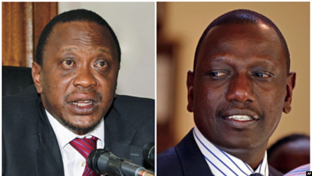 A combination photograph shows Kenya's finance minister Uhuru Kenyatta (L) in his office in the capital Nairobi in a December 15, 2010 file photo, and former Kenyan cabinet minister William Ruto standing inside his house after hearing the news from the In