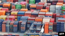 An aerial view shows containers at the port in Nanjing, in China's eastern Jiangsu province, Feb. 4, 2025.