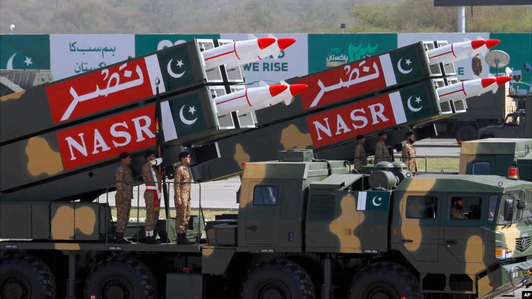 FILE - Pakistani-made NASR missiles are on display during a military parade to mark Pakistan's Republic Day, in Islamabad, Pakistan, March 23, 2017.