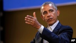 United States former President Barack Obama speaks during a Global Food Innovation summit, in Milan, May 9, 2017. 