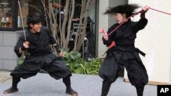 Members of the Iga-Ninjya group "Ashura" entertain visitors during the Nihonbashi cherry blossoms festival in Tokyo, March 26, 2016. 