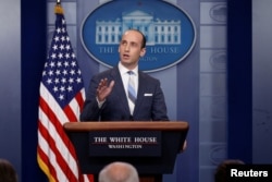 FILE - White House senior policy adviser Stephen Miller discusses U.S. immigration policy at the daily press briefing at the White House in Washington, Aug. 2, 2017.