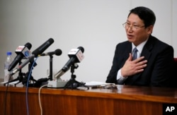 FILE - Kim Jung Wook, a South Korean Baptist missionary, speaks during a news conference in Pyongyang, North Korea.