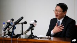 FILE - Kim Jung-uk, a South Korean Baptist missionary, speaks during a news conference in Pyongyang, North Korea.