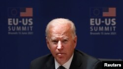 El presidente de Estados Unidos, Jpoe Biden, mientras participaba de la Cumbre UNión Europea-EE. UU. el 15 de junio de 2021.