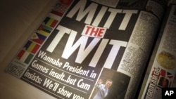 With the headline "Mitt the Twit", The Sun newspaper criticizes comments regarding the London Olympics made by Mitt Romney in London, July 27, 2012.