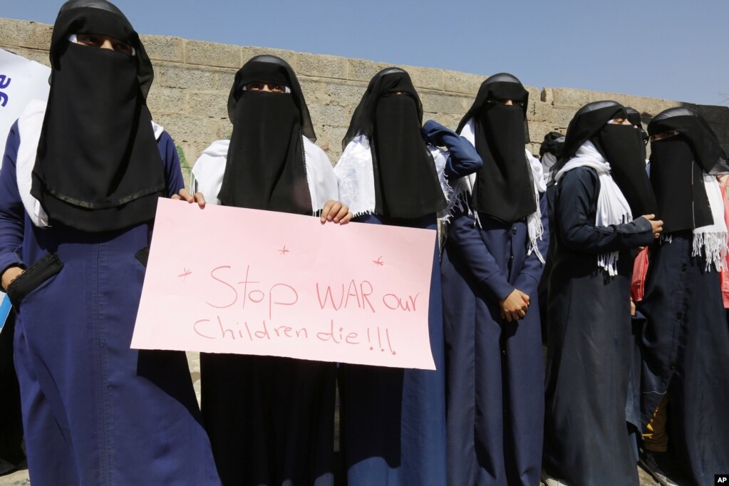 Yemeni women take part in a protest marking the International Women&#39;s Day in front of the U.N. building in Sana&#39;a, Yemen, March 8, 2017.