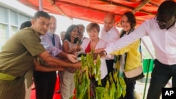 In this Wednesday, July 10, 2019 photo, World Bank’s Chief Executive Officer Kristalina Georgieva,center, along with other commissioners of the Global Commission on Adaptation to climate change, plants a tree inside the Rohingya refugees Co…
