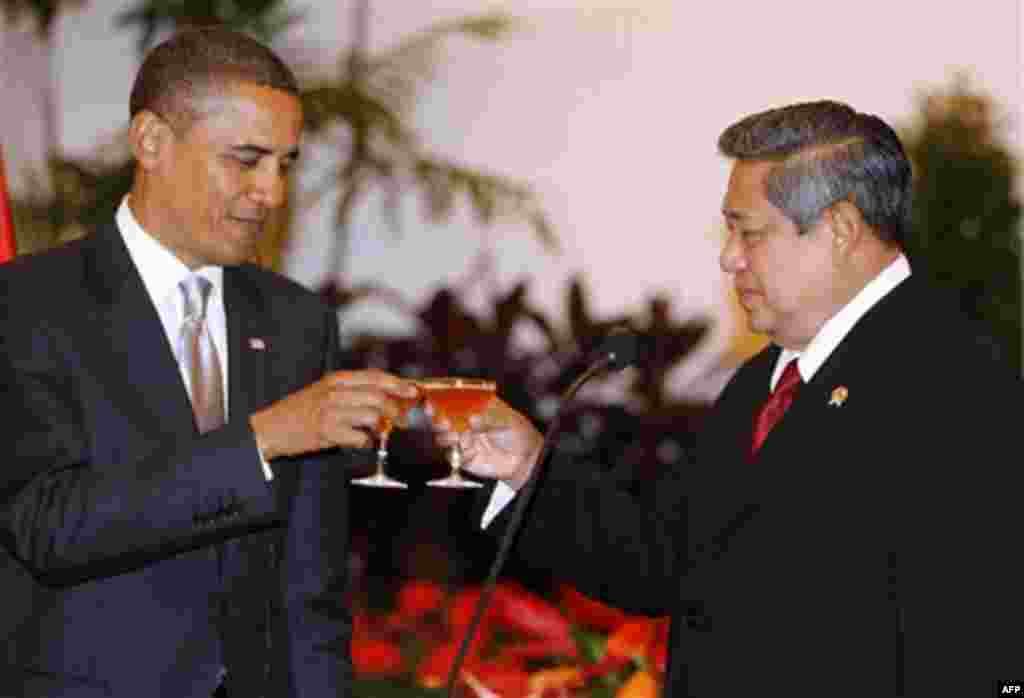 President Barack Obama and Indonesian President Susilo Bambang Yudhoyono toast during a state dinner at the Istana Negara in Jakarta, Indonesia, Tuesday, Nov. 9, 2010. (AP Photo/Charles Dharapak)