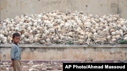 A platform covered with human skulls at a newly discovered Killing Field in Trapeang Sva Village, Kandal province, 25 Kilometers (15 miles) south of Phnom Penh.