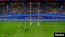 South Africa's fly-half Handre Pollard scores a penalty during the final of the 2023 Rugby World Cup, Oct. 28, 2023