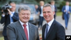 乌克兰总统波罗申科（左）7月10日与北约秘书长斯托尔滕贝格在基辅举行的一次会议上握手。