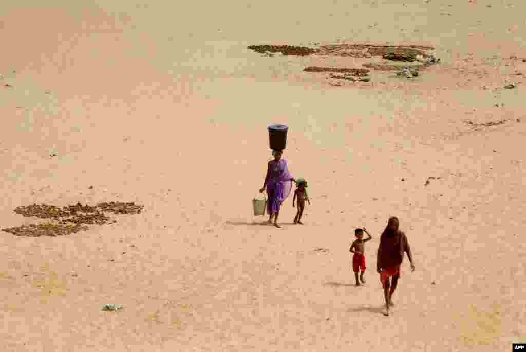 Seorang perempuan India menyunggi tempayan air di atas kepalanya dan menenteng satu ember air, sambil menggandeng anaknya melewati pasir yang panas di pinggir sungai Daya, pinggiran kota Bhubaneswar.